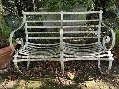 Lot 1943 - Antique white painted double seat garden bench with scroll arms and scroll supports, 120cm wide x 67cm deep x 84cm high