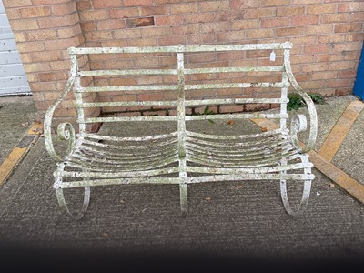 Lot 1943 - Antique white painted double seat garden bench with scroll arms and scroll supports, 120cm wide x 67cm deep x 84cm high