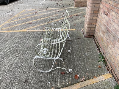 Lot 1943 - Antique white painted double seat garden bench with scroll arms and scroll supports, 120cm wide x 67cm deep x 84cm high