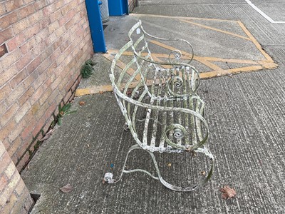 Lot 1943 - Antique white painted double seat garden bench with scroll arms and scroll supports, 120cm wide x 67cm deep x 84cm high