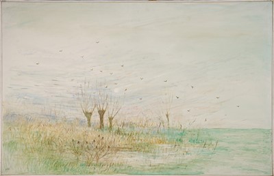 Lot 1076 - *Elinor Bellingham-Smith (1906-1988) oil on canvas - Pollarded trees by a pond, signed, 91cm x 142cm, framed