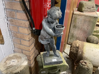 Lot 1945 - Antique lead garden figure depicting a boy holding a pot, 49cm high