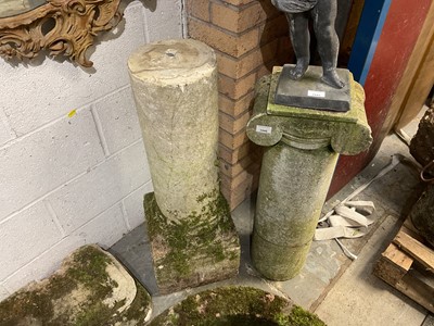 Lot 1946 - Antique stone classical column with ionic style capital, on square bases, 155cm high