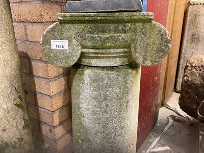 Lot 1946 - Antique stone classical column with ionic style capital, on square bases, 155cm high