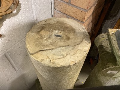 Lot 1946 - Antique stone classical column with ionic style capital, on square bases, 155cm high