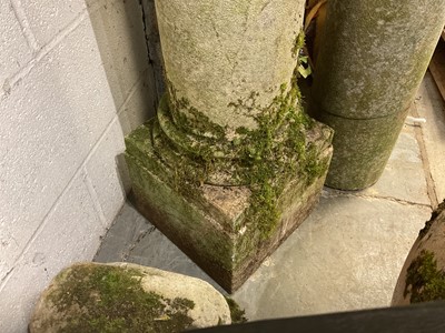 Lot 1946 - Antique stone classical column with ionic style capital, on square bases, 155cm high