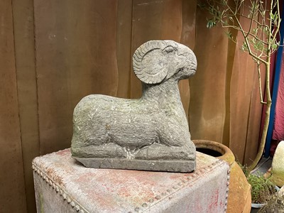 Lot 1953 - Garden sculpture of a ram, on rectangular base, 42cm wide x 21cm deep x 44cm high