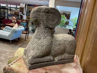 Lot 1953 - Garden sculpture of a ram, on rectangular base, 42cm wide x 21cm deep x 44cm high