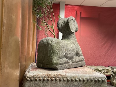 Lot 1953 - Garden sculpture of a ram, on rectangular base, 42cm wide x 21cm deep x 44cm high