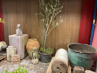 Lot 1954 - Antique riveted copper with flared rim, 51cm diameter x 53cm high, contains an olive tree