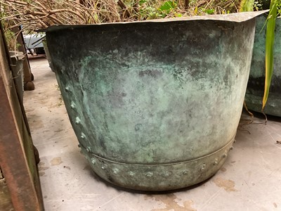 Lot 1955 - Antique riveted copper with flared rim, 69cm diameter x 47.5cm high