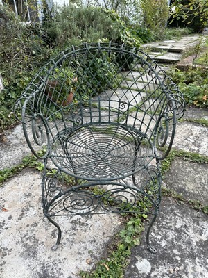 Lot 1958 - Victorian style green wire-work garden chair with scroll supports