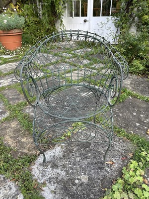 Lot 1958 - Victorian style green wire-work garden chair with scroll supports