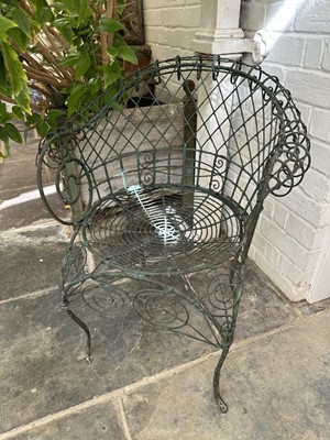 Lot 1958 - Victorian style green wire-work garden chair with scroll supports