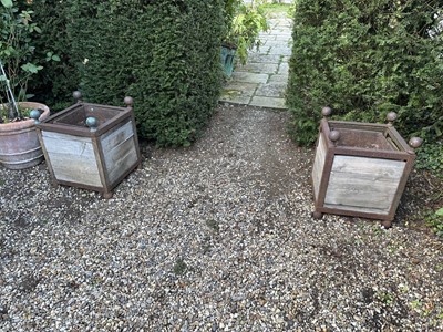 Lot 1960 - Pair of antique style cast iron and wooden Versailles planters, 47Cm square x 61cm high