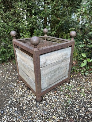 Lot 1960 - Pair of antique style cast iron and wooden Versailles planters, 47Cm square x 61cm high