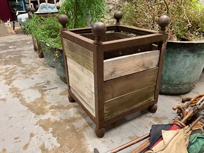 Lot 1960 - Pair of antique style cast iron and wooden Versailles planters, 47Cm square x 61cm high