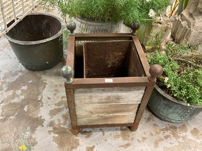Lot 1960 - Pair of antique style cast iron and wooden Versailles planters, 47Cm square x 61cm high