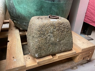 Lot 1961 - Antique granite weight of rectangular tapered form with iron ring handle, 23cm high