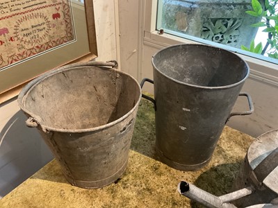 Lot 1965 - Two antique galvanised twin handled planters, galvanised bucket, another and two watering cans (6)