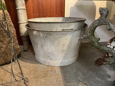 Lot 1965 - Two antique galvanised twin handled planters, galvanised bucket, another and two watering cans (6)