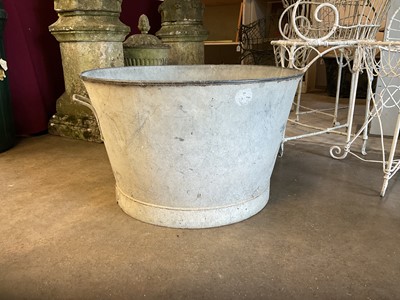 Lot 1965 - Two antique galvanised twin handled planters, galvanised bucket, another and two watering cans (6)