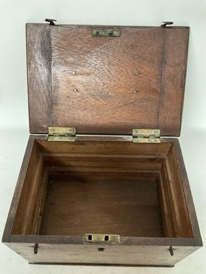 Lot 1922 - 19th century mahogany strong box, with surmounting handle, 21cm wide, housing an unusual vintage painted lead chess set