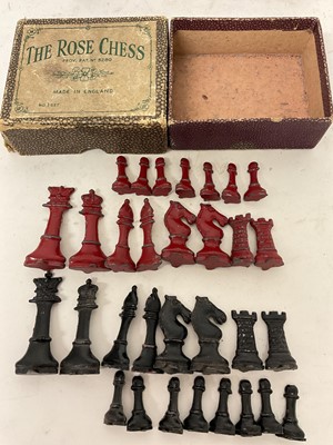 Lot 1922 - 19th century mahogany strong box, with surmounting handle, 21cm wide, housing an unusual vintage painted lead chess set