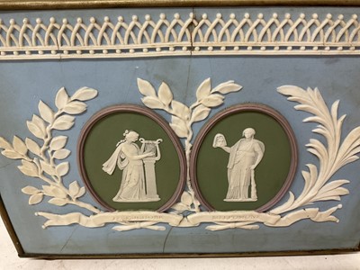 Lot 1877 - Late 19th / early 20th century ceramic planter, mounted with Wedgwood style four-colour jasperware classical plaques, 21cm wide