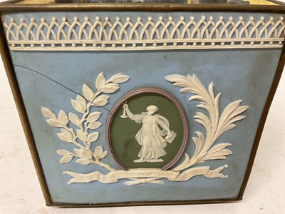 Lot 1877 - Late 19th / early 20th century ceramic planter, mounted with Wedgwood style four-colour jasperware classical plaques, 21cm wide