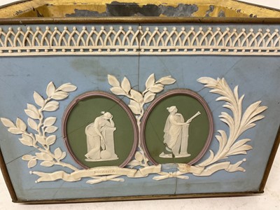 Lot 1877 - Late 19th / early 20th century ceramic planter, mounted with Wedgwood style four-colour jasperware classical plaques, 21cm wide
