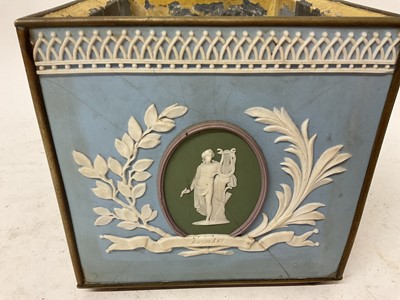 Lot 1877 - Late 19th / early 20th century ceramic planter, mounted with Wedgwood style four-colour jasperware classical plaques, 21cm wide
