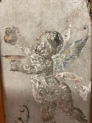 Lot 1879 - Classical probably Roman, painted fresco fragment, depicting a putto pouring wine, approximately 23 x 11cm, in modern pine frame with easel support