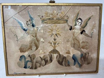 Lot 1883 - 18th century silk embroidered double sided picture, seraphim and crown ornament, glazed 16 x 21cm, together with an embossed tin plaque with similar ornament. (2)
