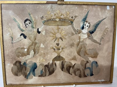 Lot 1883 - 18th century silk embroidered double sided picture, seraphim and crown ornament, glazed 16 x 21cm, together with an embossed tin plaque with similar ornament. (2)