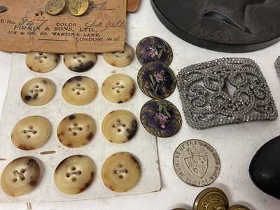 Lot 1884 - Collection of vertu items including buckles, buttons, bois durci plaque, figural inkwell, sculpture etc