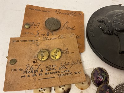 Lot 1884 - Collection of vertu items including buckles, buttons, bois durci plaque, figural inkwell, sculpture etc