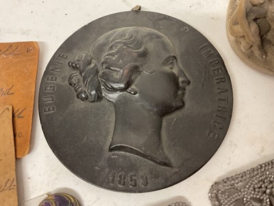 Lot 1884 - Collection of vertu items including buckles, buttons, bois durci plaque, figural inkwell, sculpture etc