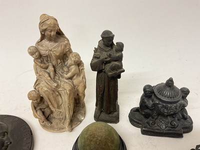 Lot 1884 - Collection of vertu items including buckles, buttons, bois durci plaque, figural inkwell, sculpture etc