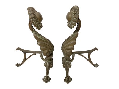 Lot 1886 - Pair of 19th century brass fire dogs, with boss terminals, 37cm high