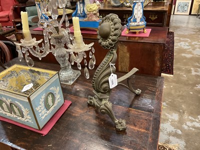 Lot 1886 - Pair of 19th century brass fire dogs, with boss terminals, 37cm high
