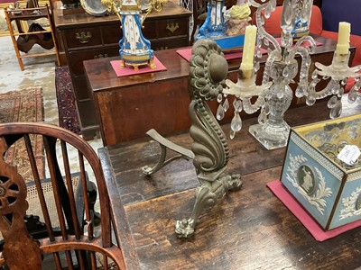 Lot 1886 - Pair of 19th century brass fire dogs, with boss terminals, 37cm high