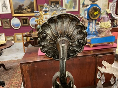 Lot 1886 - Pair of 19th century brass fire dogs, with boss terminals, 37cm high