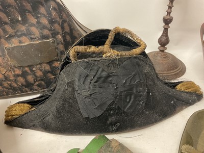 Lot 1887 - Collection of metalwares including 19th century tricorn hat box, early iron candlestick, pestle and mortar and other items