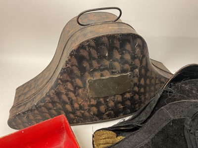 Lot 1887 - Collection of metalwares including 19th century tricorn hat box, early iron candlestick, pestle and mortar and other items