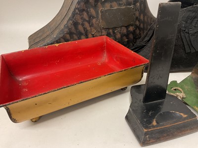 Lot 1887 - Collection of metalwares including 19th century tricorn hat box, early iron candlestick, pestle and mortar and other items