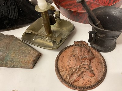 Lot 1887 - Collection of metalwares including 19th century tricorn hat box, early iron candlestick, pestle and mortar and other items