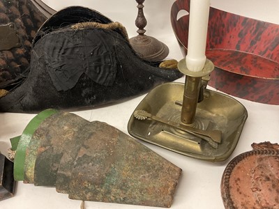Lot 1887 - Collection of metalwares including 19th century tricorn hat box, early iron candlestick, pestle and mortar and other items