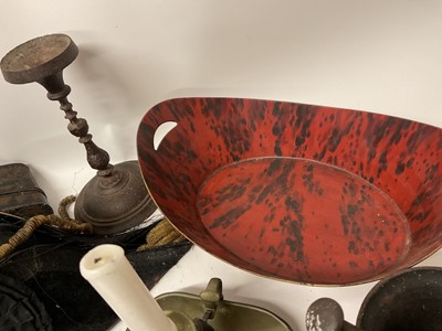Lot 1887 - Collection of metalwares including 19th century tricorn hat box, early iron candlestick, pestle and mortar and other items