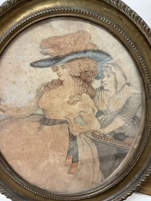 Lot 1890 - Group of 18th century engravings, including pair of female subjects in oval gadrooned brass frames, 25 x 21cm, 3 various others